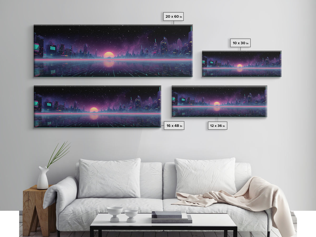 Futuristic Neon City Skyline Wall Art, Cyberpunk Grid Landscape, Sci Fi Poster, Vaporwave Decor, Gaming Room Canvas Print