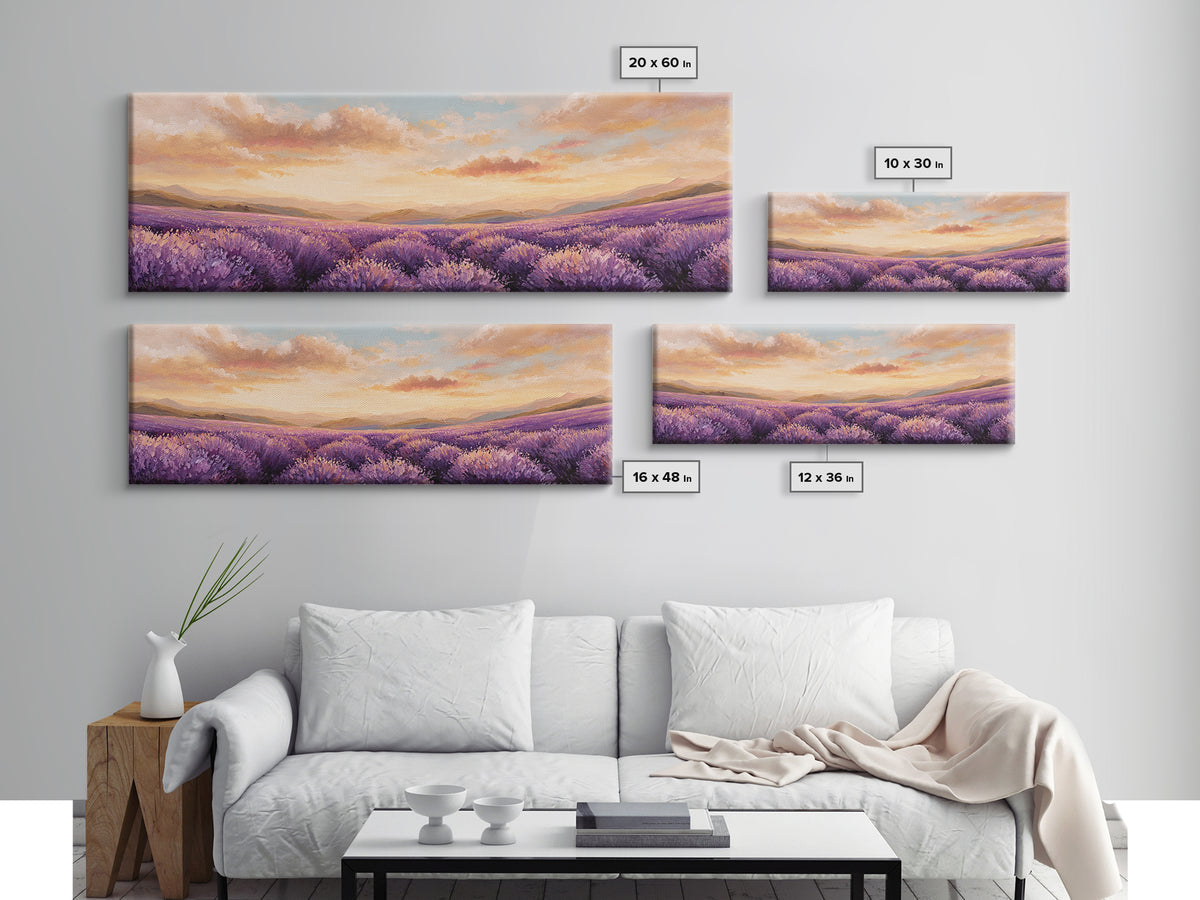 Sunset Lavender Field Landscape Wall Art, Panoramic Canvas Print, French Country Decor, Large Above Sofa Wall Decor, Provence Print