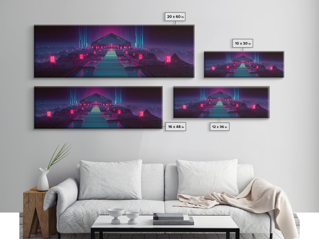 Neon Cyberpunk Temple Stairway Canvas Print, Futuristic Wall Art, Sci Fi Gaming Room Decor, Modern Statement Artwork For Office