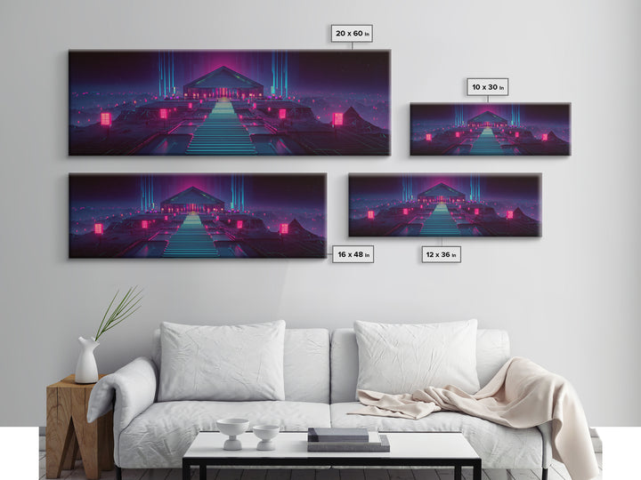 Neon Cyberpunk Temple Stairway Canvas Print, Futuristic Wall Art, Sci Fi Gaming Room Decor, Modern Statement Artwork For Office