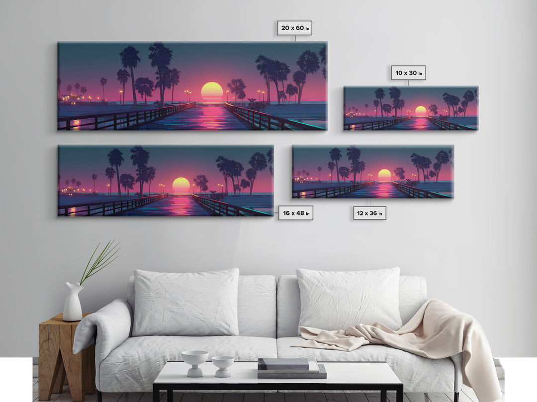 Sunset Pier With Palm Trees Canvas Print, Tropical Beach Wall Art, Coastal Vaporwave Decor For Bedroom And Living Room Wall Decor