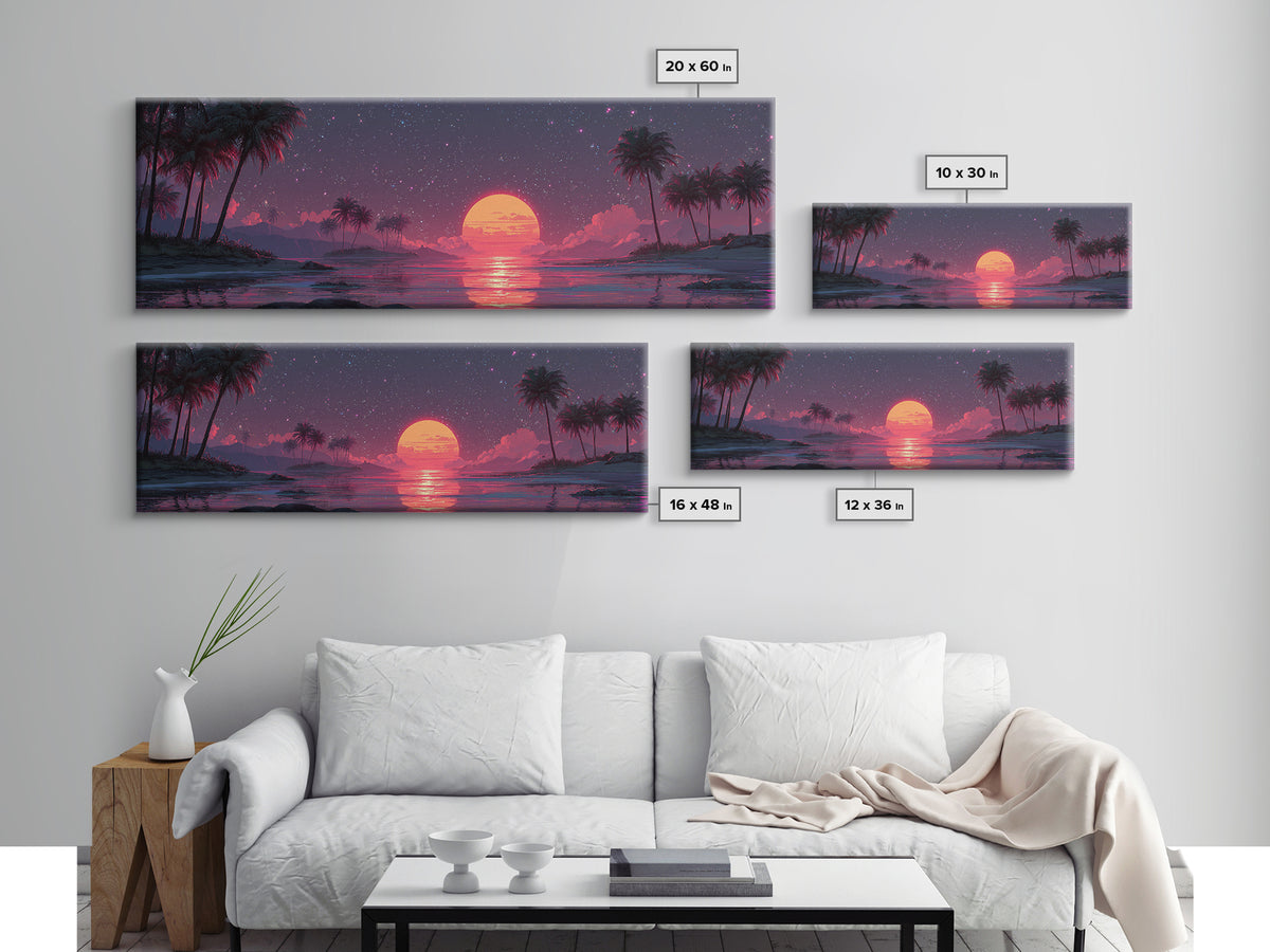 Starry Tropical Lagoon With Giant Pink Moon Wall Art, Celestial Coastal Beach Decor, Palm Island, Night Sky Canvas Print