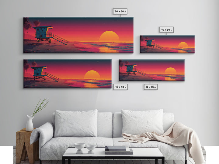 Retro Lifeguard Tower Sunset Canvas Print, Beach Wall Art, Coastal Decor, Vaporwave Poster, Summer Ocean Home Decor, Beach House Gift