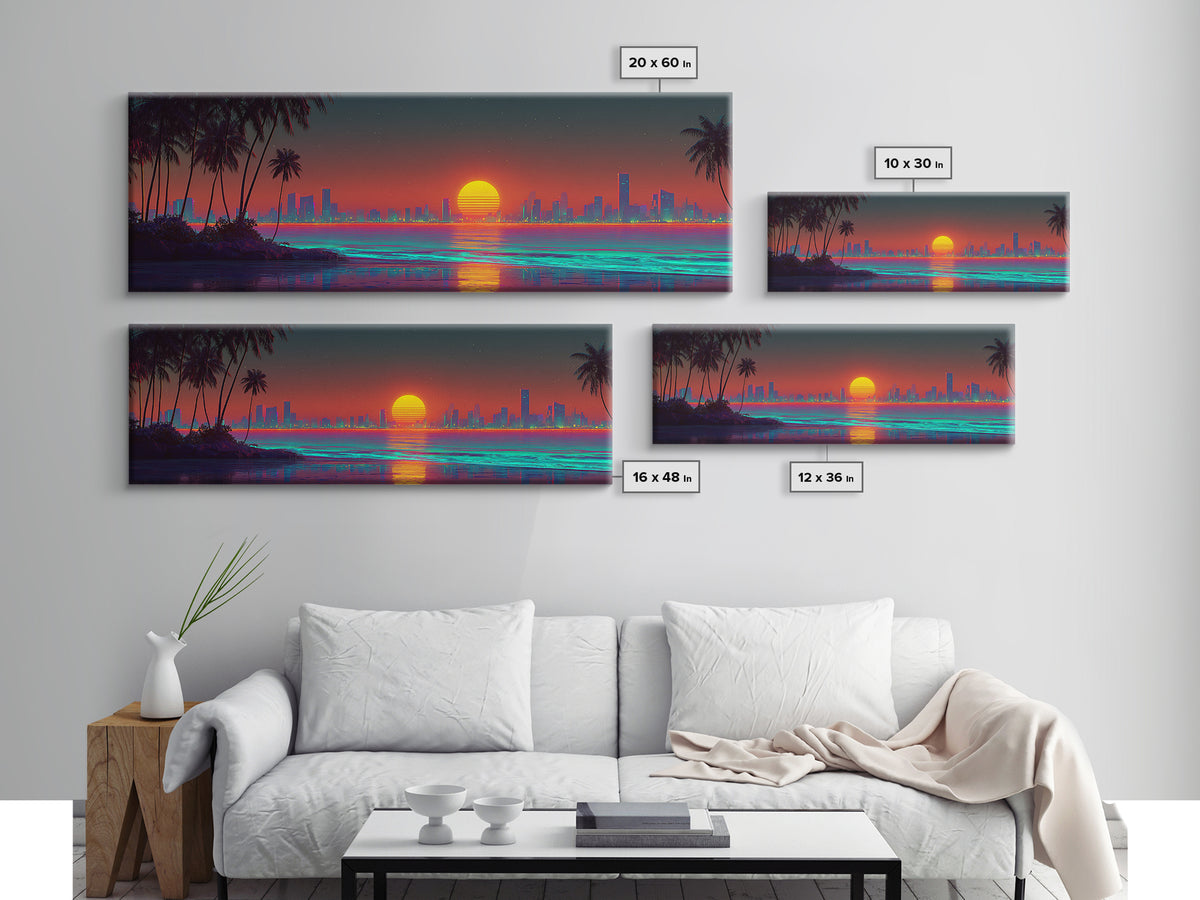 Retro Neon Coastal City Skyline Wall Art, Palm Beach Sunset, Synthwave Ocean Decor, Modern Living Room Canvas Print, Large Horizontal Art