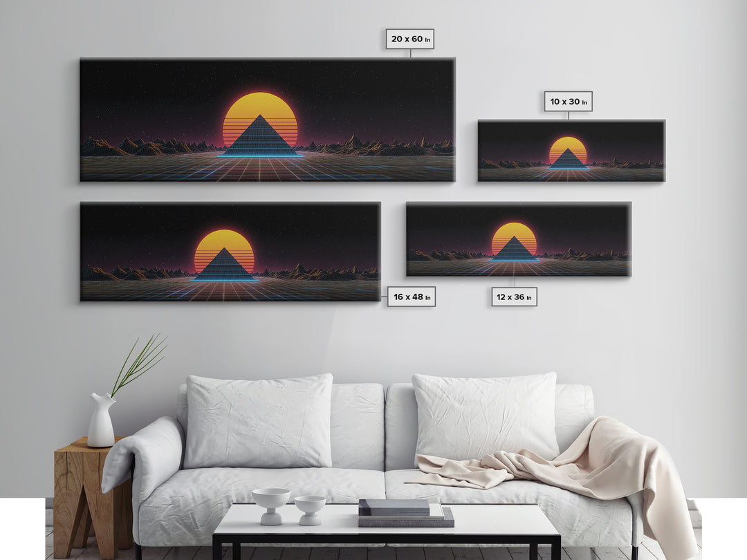 Retro Pyramid Sunset Canvas Print, Synthwave Desert Wall Art, Futuristic Vaporwave Decor, Gaming Room Statement Artwork Poster