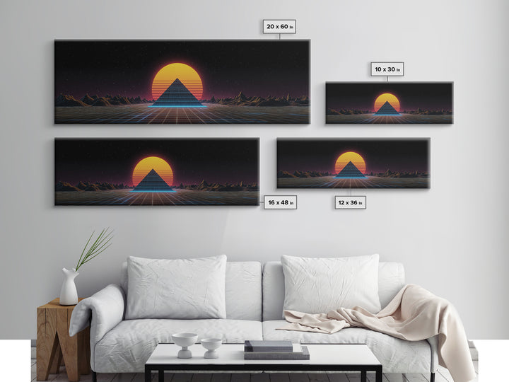 Retro Pyramid Sunset Canvas Print, Synthwave Desert Wall Art, Futuristic Vaporwave Decor, Gaming Room Statement Artwork Poster
