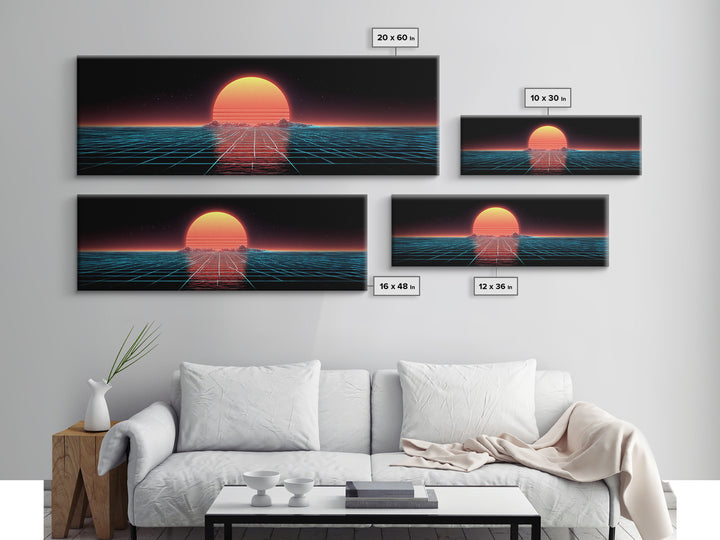 Retro Futuristic Ocean Grid Sunset Wall Art, Synthwave Neon Landscape, Vaporwave Decor, Large Horizontal Art Print, Home Decor