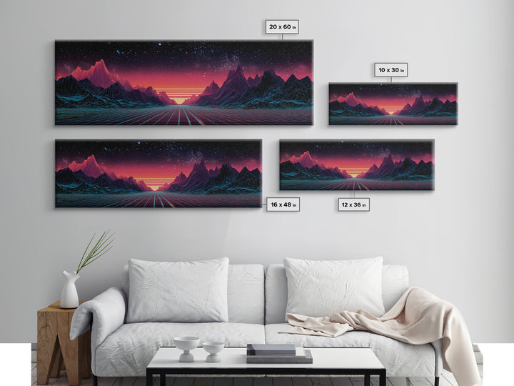 Synthwave Mountain Road Under Starry Sky, Retro Futuristic Wall Art, Landscape Canvas Print, Man Cave Decor, Large Wall Art