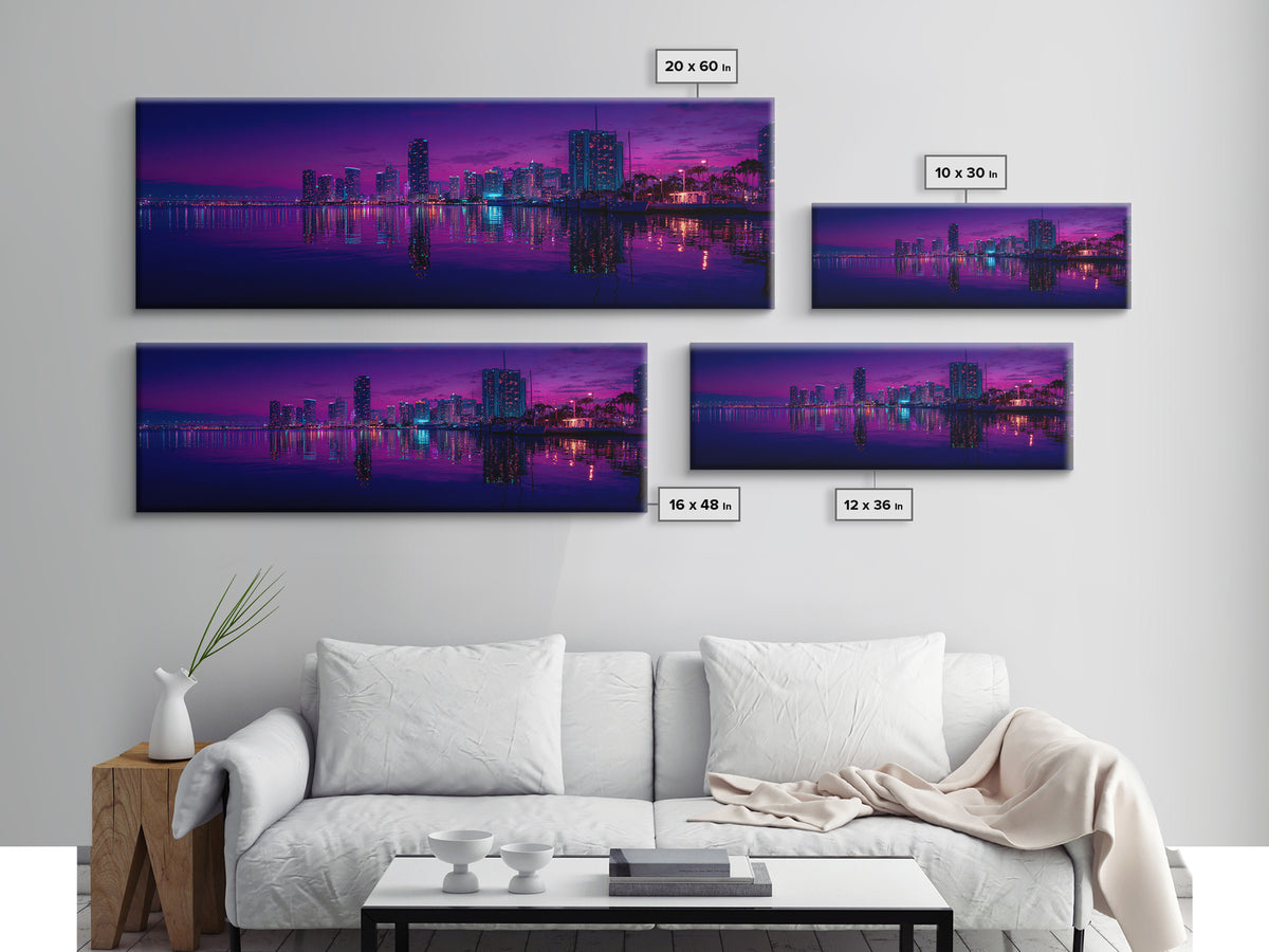 Neon Waterfront City Skyline Wall Art, Miami Night Canvas Print, Urban Photography Decor, Modern Office Living Room Poster