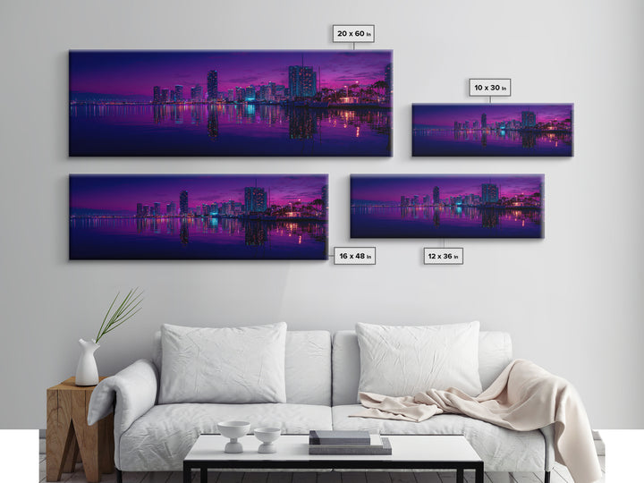 Neon Waterfront City Skyline Wall Art, Miami Night Canvas Print, Urban Photography Decor, Modern Office Living Room Poster