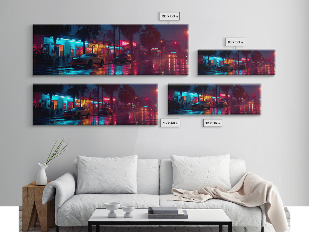 Rainy Neon City Street Wall Art, Cyberpunk Urban Night Canvas Print, Retro Motel Lights, Modern Office Decor, Moody Wall Decor