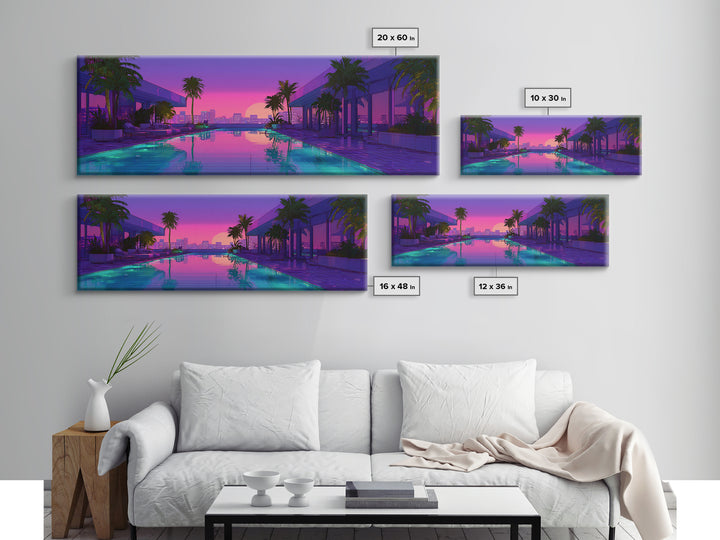 Neon Poolside City Sunset Framed Canvas Print, Miami Palm Skyline Wall Decor, Cyberpunk Art, Modern Living Room Decor, Large Wall Art