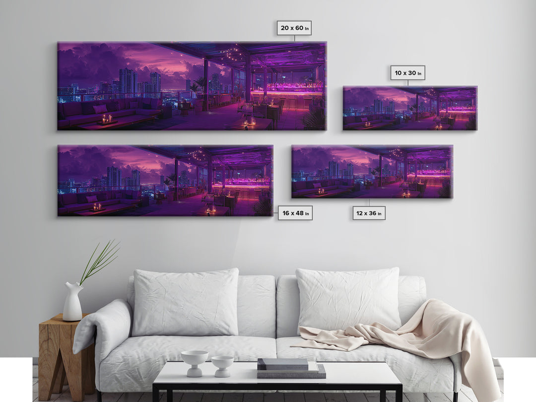 Neon Rooftop Lounge Skyline At Dusk Wall Art, Cyberpunk Cityscape, Futuristic Bar Decor, Panoramic Living Room Print Home Decor