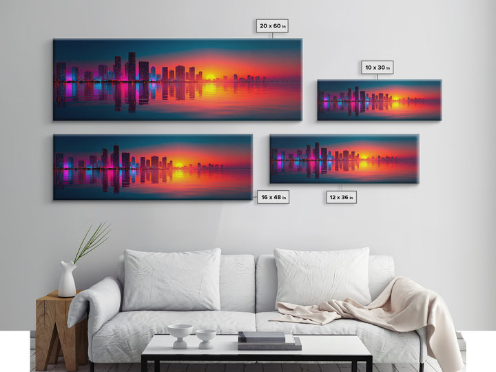 Neon City Skyline Sunset Wall Art, Modern Urban Landscape With Water Reflections, Colorful Office Decor, Large Canvas Print