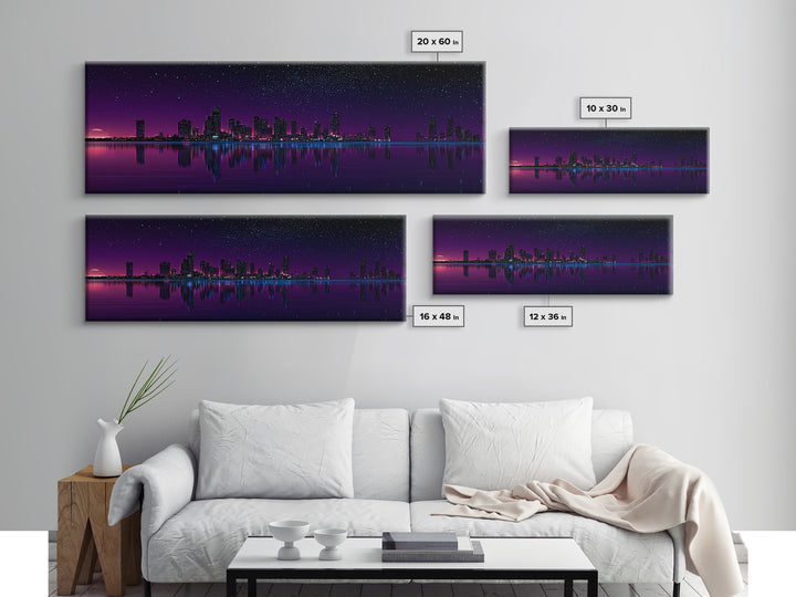 Purple Starry City Skyline Reflection, Modern Wall Art, Cyberpunk Canvas Print, Urban Night Decor, Office Wall Decor, Living Room Art
