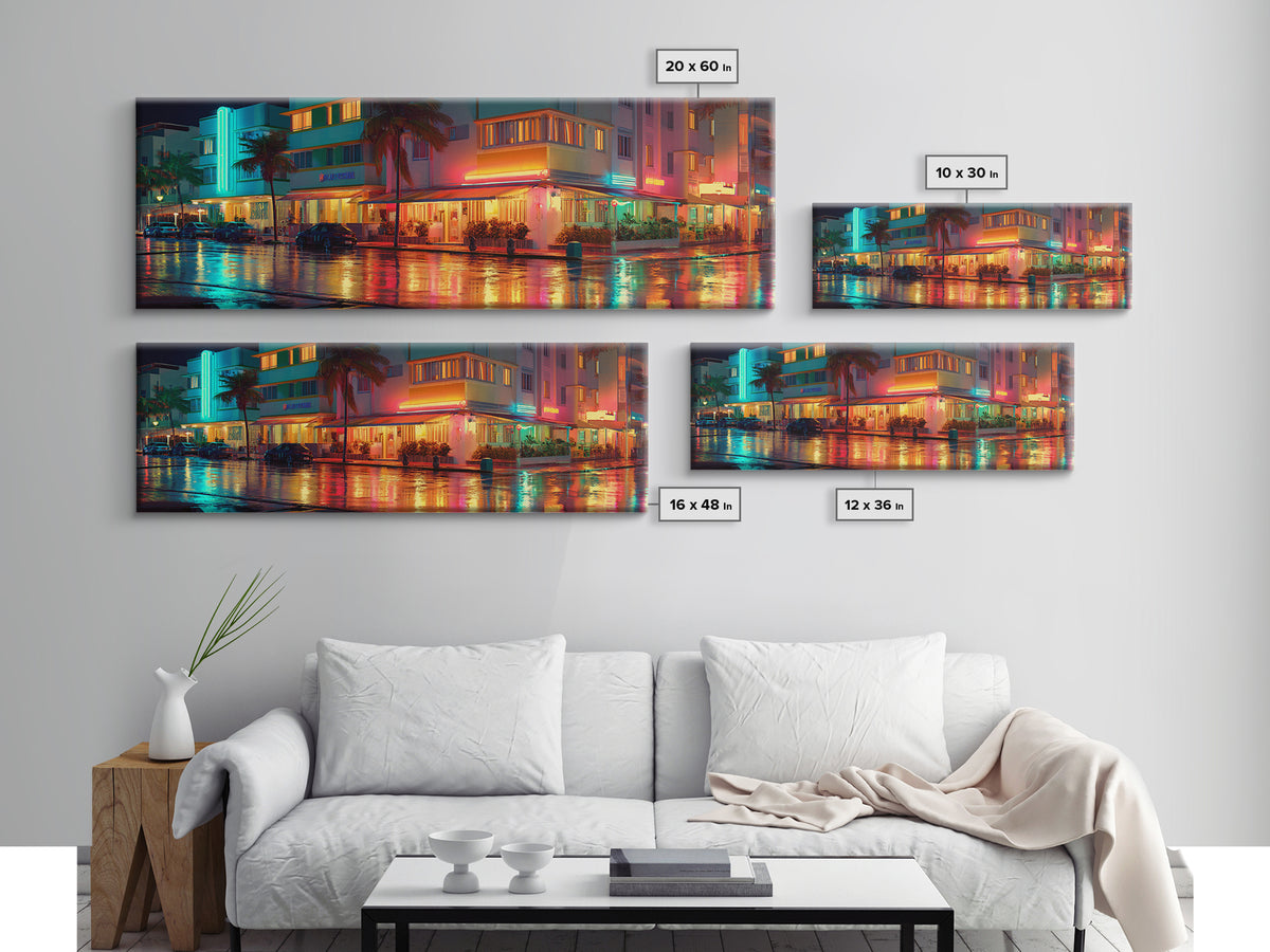 Neon Rainy Art Deco Hotel Street Wall Art, Miami Urban Night Cityscape, Retro Travel Poster, Framed Canvas Print, Office Decor