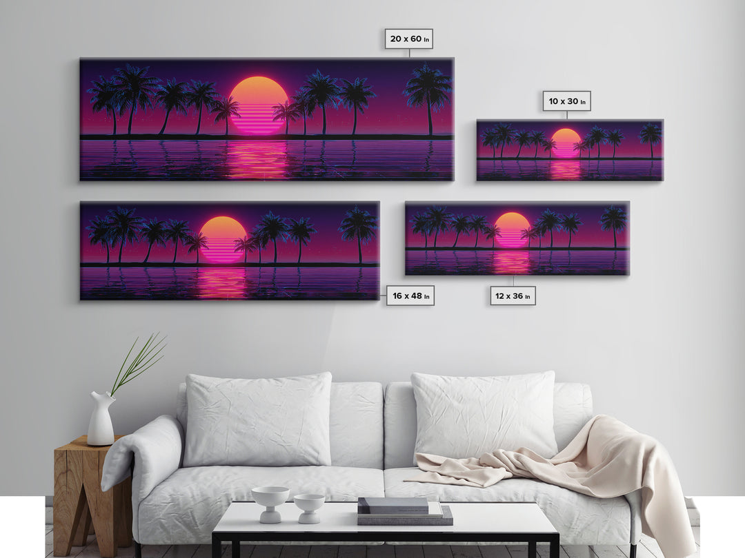 Neon Palm Tree Sunset Canvas Print, Tropical Beach Wall Art, Retro Coastal Decor, Pink Purple Living Room Art, Home Decor
