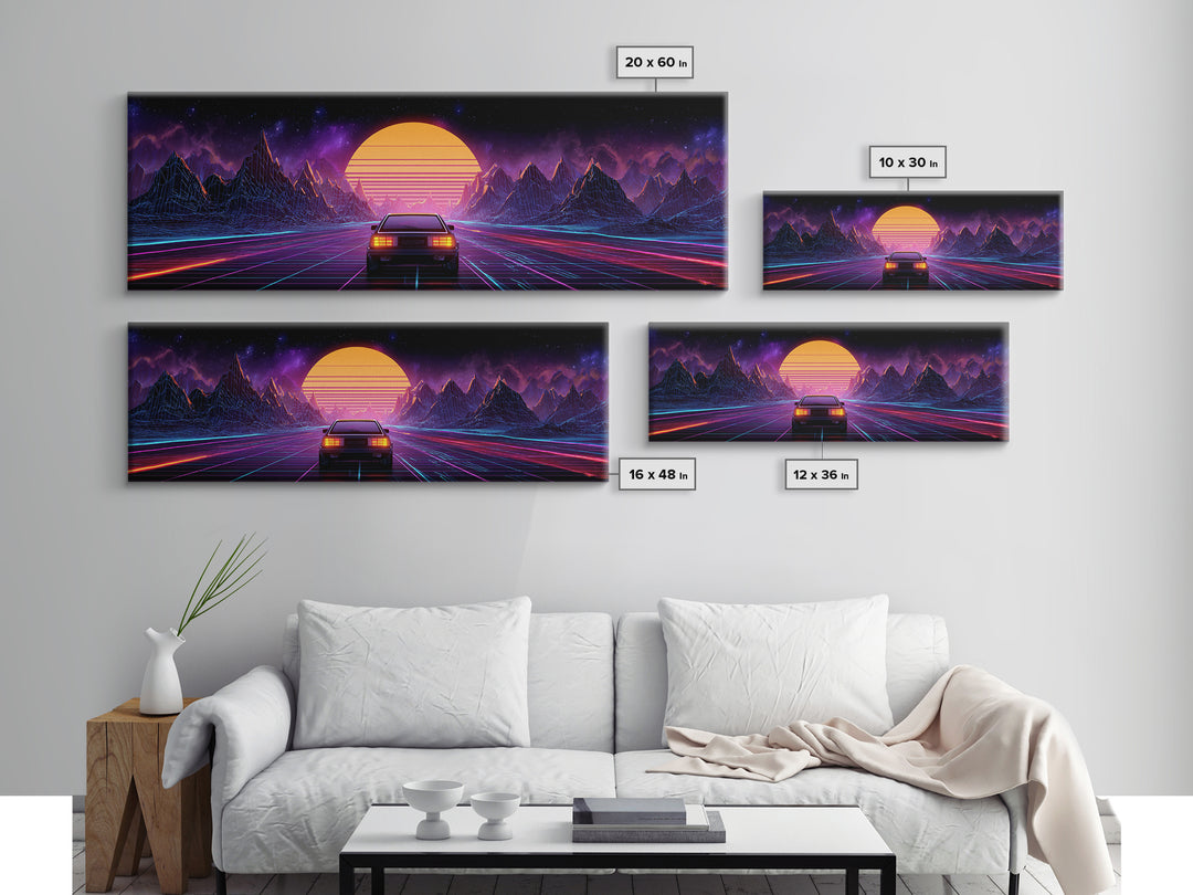 Neon Synthwave Car Wall Art, Retro Futuristic Mountains, Cyberpunk Sunset Decor, Gaming Room Poster, Panoramic Canvas Print