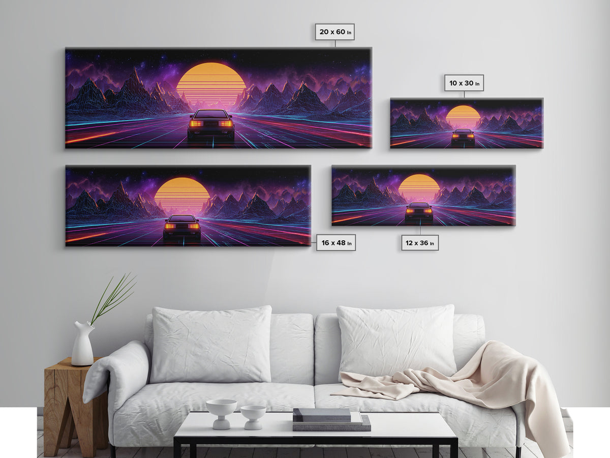 Neon Synthwave Car Wall Art, Retro Futuristic Mountains, Cyberpunk Sunset Decor, Gaming Room Poster, Panoramic Canvas Print