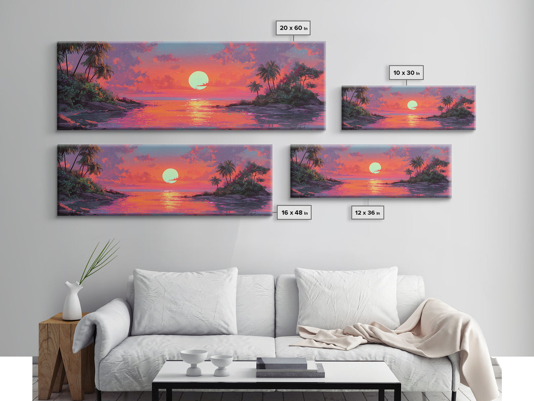 Tropical Island Sunset Cove Wall Art, Extra Wide Canvas Print, Coastal Beach House Decor, Vibrant Ocean Living Room Wall Decor