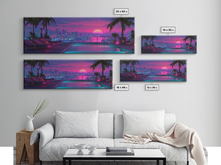 Neon Rooftop Pool At Sunset Framed Canvas Print, Cyberpunk City Wall Art, Tropical Miami Decor, Vaporwave Living Room Art