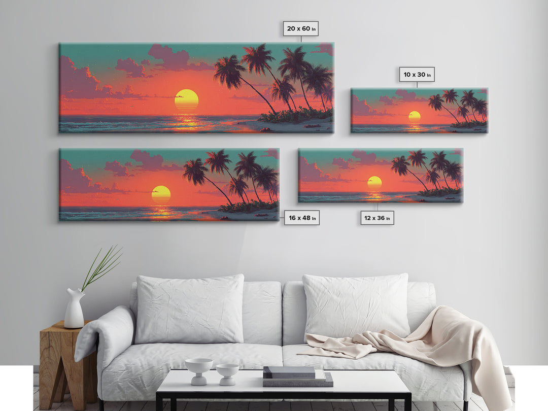 Tropical Palm Beach Sunset Wall Art, Retro Coastal Canvas Print, Ocean Seascape Decor, Summer Beach House Art Print Gift