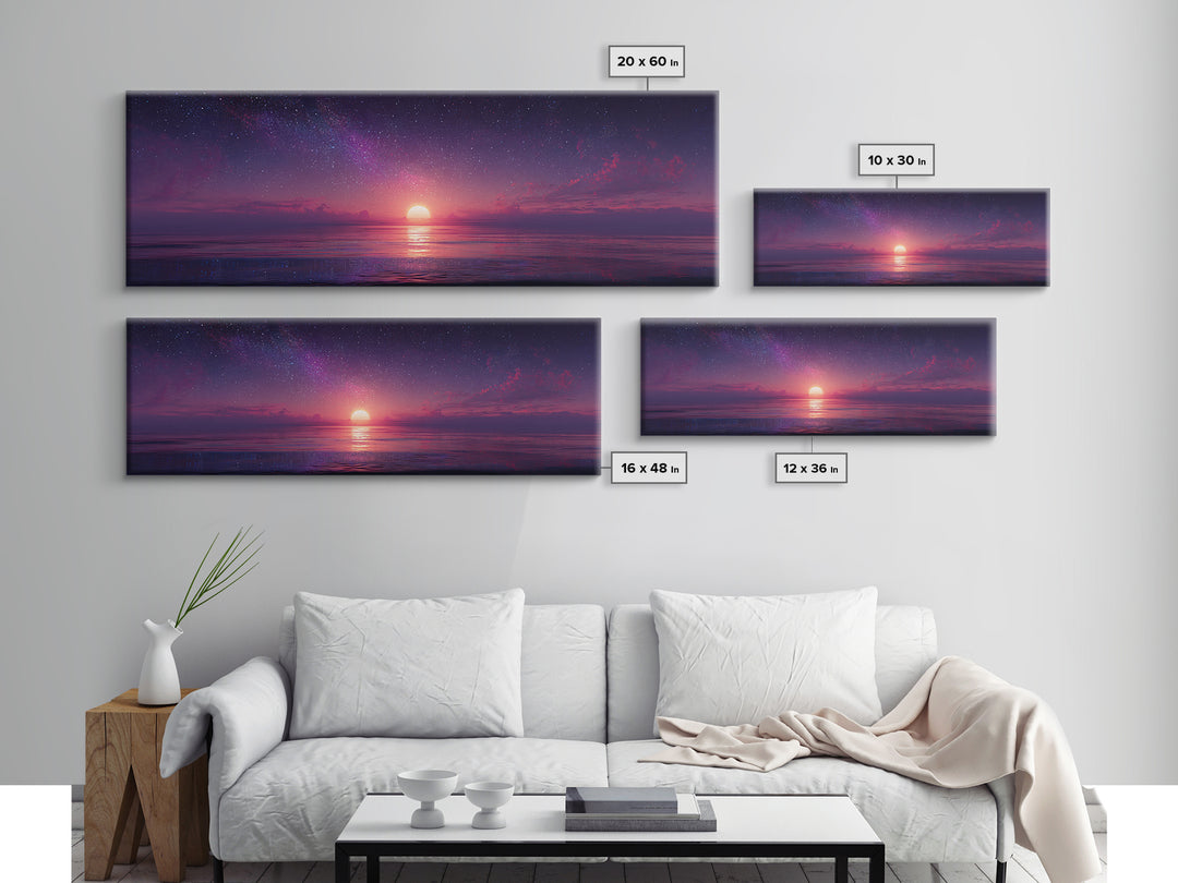 Starry Purple Ocean Sunset Wall Art, Celestial Seascape Canvas Print, Coastal Bedroom Decor, Romantic Beach House Gift For Her