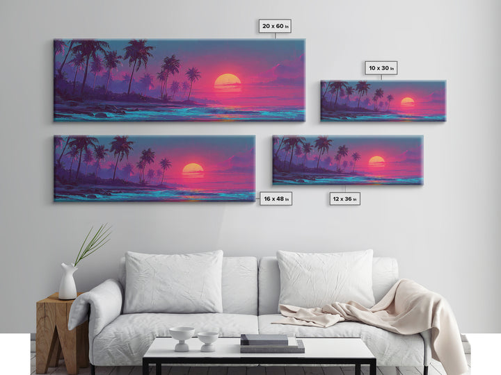 Pink Tropical Palm Island Sunset Wall Art, Neon Ocean Waves, Coastal Beach House Decor, Large Horizontal Canvas Print Poster