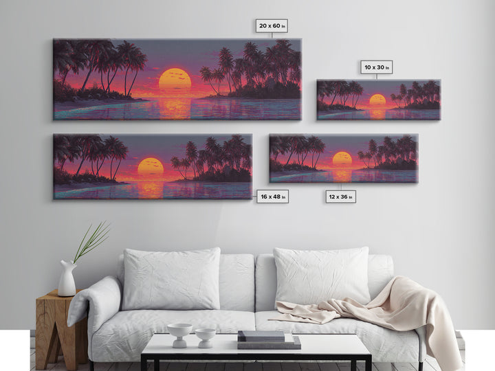 Starry Tropical Island Sunset Over Lagoon Framed Canvas Print, Coastal Wall Art, Beach House Decor, Vibrant Ocean Poster