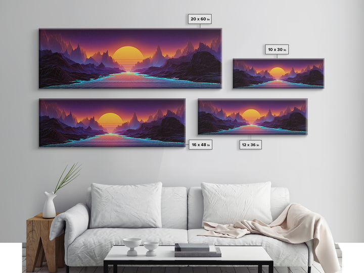 Neon Fantasy Mountain Valley Wall Art, Synthwave Landscape Canvas Print, Futuristic Decor, Gaming Room, Large Poster, Home Decor