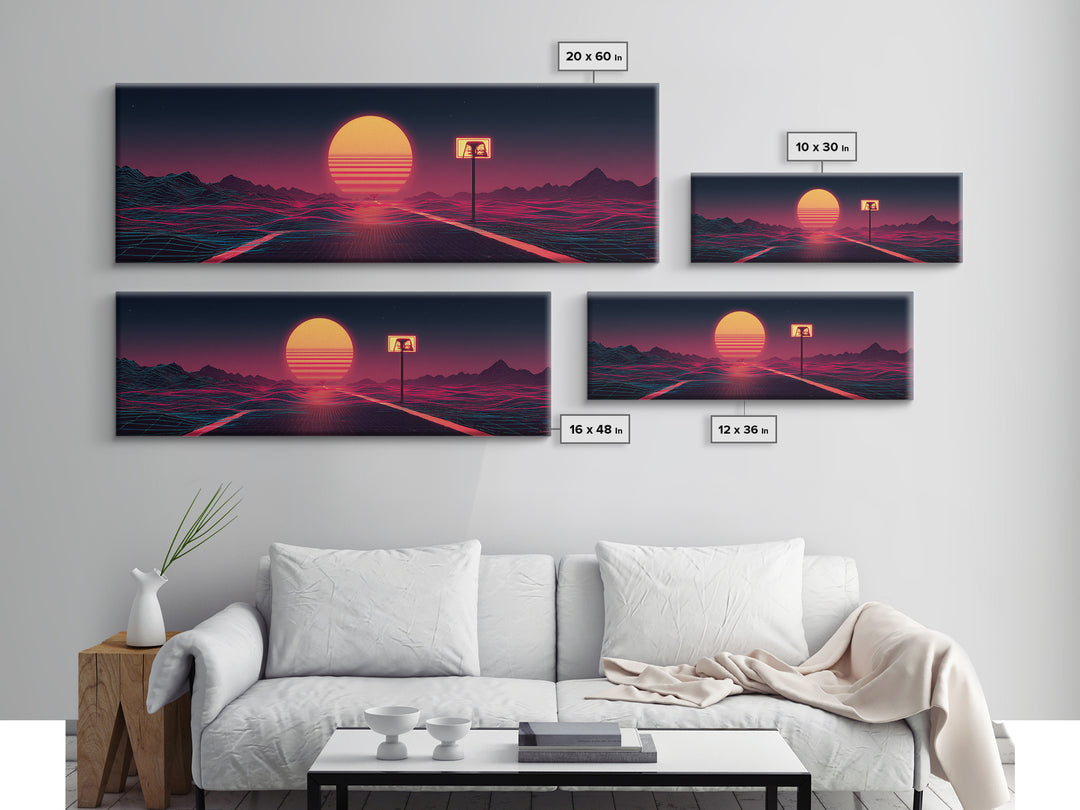 Lonely Neon Desert Highway With Retro Sun Canvas Print, Vaporwave Wall Art, Futuristic Decor, Gamer Room Poster Gift For Him
