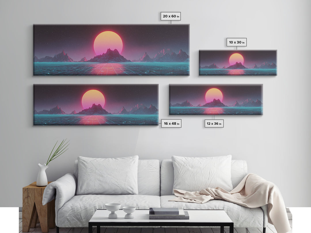 Alien Mountain Grid Sunset Wall Art, Retro Futuristic Synthwave Landscape, Vaporwave Home Decor, Large Horizontal Art Print