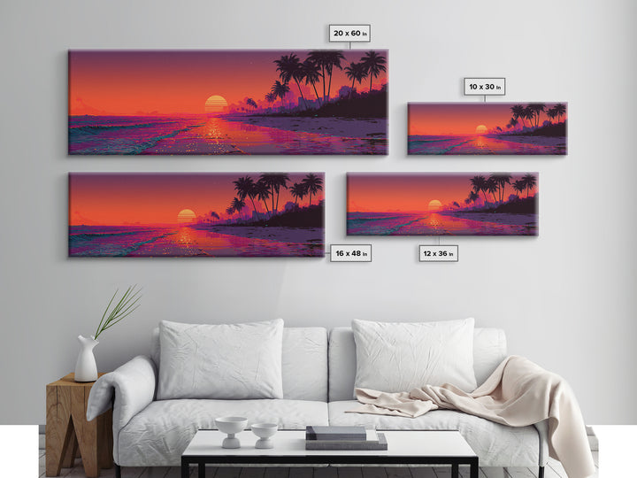 Retro Neon Tropical Beach Sunset Wall Art, Synthwave Coastal Decor, Palm Tree Ocean Print, Vibrant Summer Canvas Gift Idea