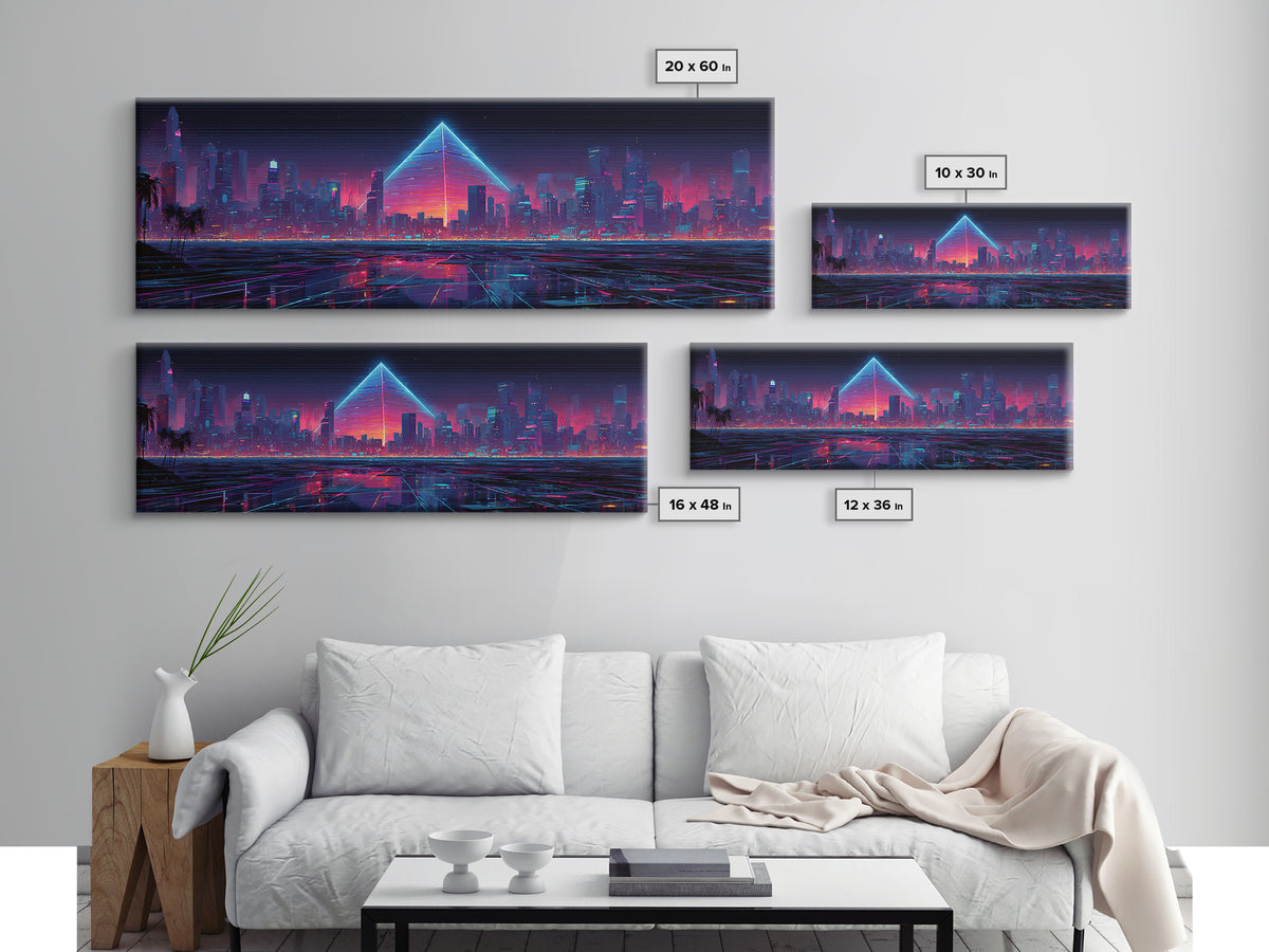 Cyberpunk Neon City With Glowing Pyramid, Futuristic Wall Art, Synthwave Canvas Print, Gaming Room Decor, Modern Office Art