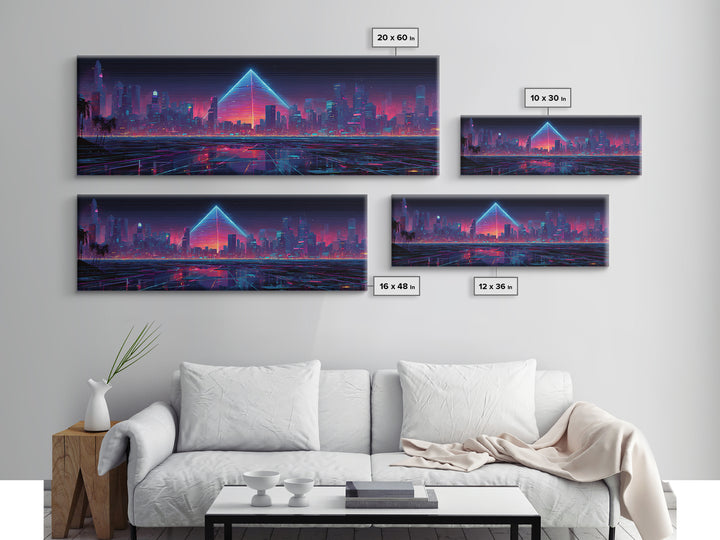 Cyberpunk Neon City With Glowing Pyramid, Futuristic Wall Art, Synthwave Canvas Print, Gaming Room Decor, Modern Office Art