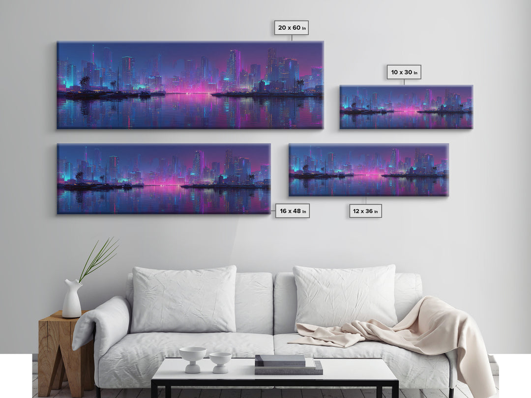 Neon Cyberpunk Skyline Canvas Print, Futuristic Cityscape Wall Art, Vaporwave Office Decor, Large Modern Urban Night Art
