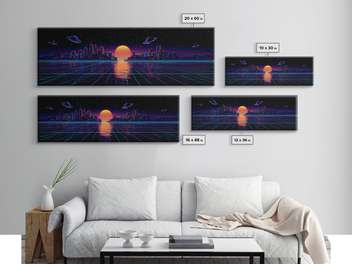Synthwave City Skyline Over Neon Grid Canvas Print, Retro Futuristic Wall Art, Cyberpunk Decor, Vaporwave Poster Gift For Him