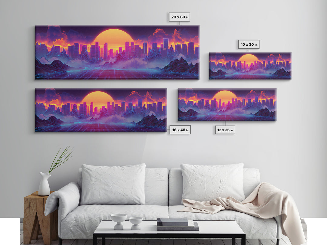 Synthwave City Sunset Skyline Canvas Print, Retro Futuristic Wall Art, Neon Mountain Decor, Vaporwave Living Room Art, Home Decor