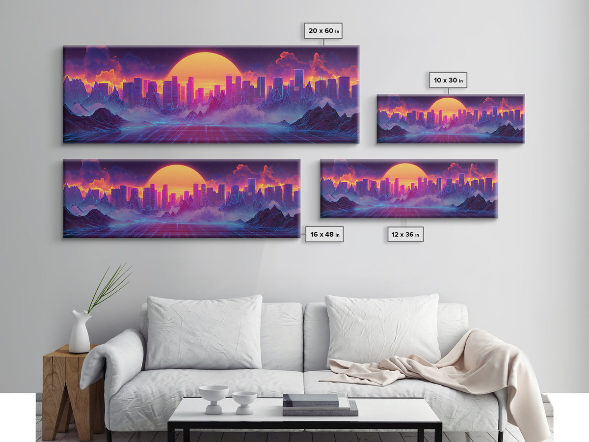 Synthwave City Sunset Skyline Canvas Print, Retro Futuristic Wall Art, Neon Mountain Decor, Vaporwave Living Room Art, Home Decor