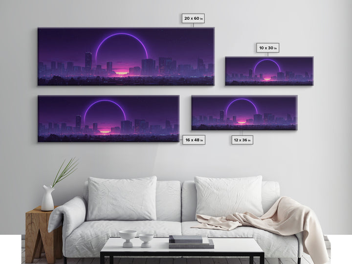 Neon City Skyline With Purple Eclipse Canvas Print, Cyberpunk Wall Art, Futuristic Urban Decor, Gaming Room Statement Art