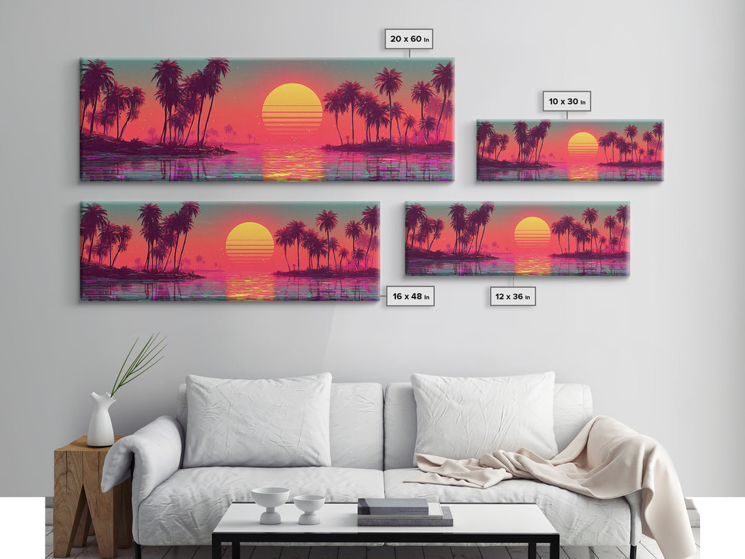 Pastel Tropical Lagoon Sunset With Palms, Vaporwave Canvas Print, Coastal Wall Art, Beach House Decor, Pink Room Decor Print