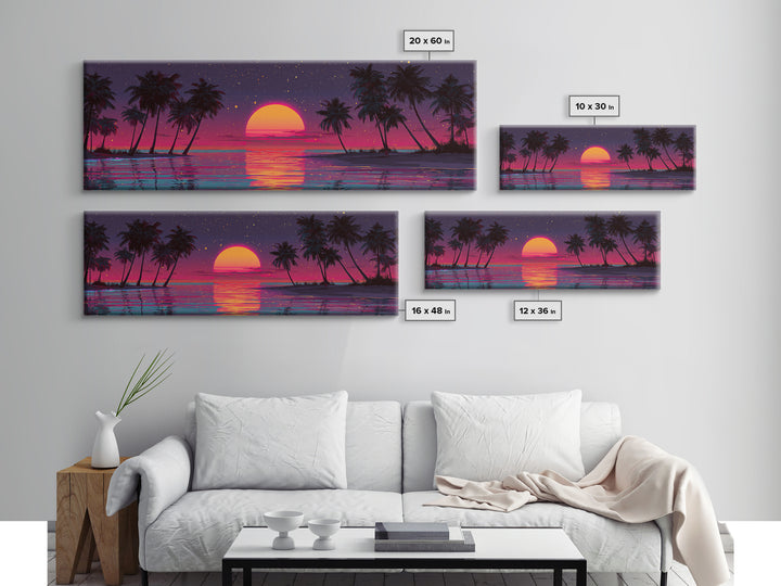 Retro Tropical Sunset Over Palm Island Wall Art, Neon Ocean Landscape, Coastal Decor, Beach House, Large Horizontal Print