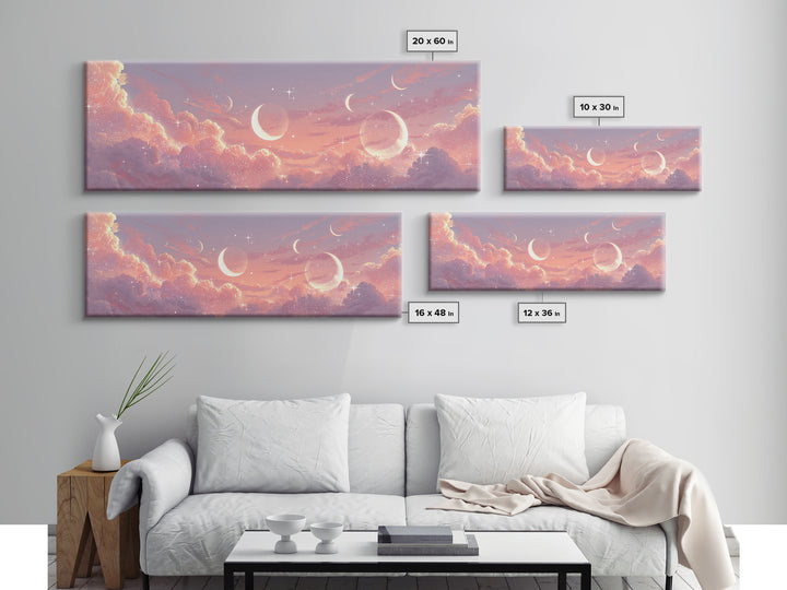Pink Celestial Cloudscape With Crescent Moons Canvas Print, Dreamy Wall Art, Starry Nursery Decor, Romantic Bedroom Art Print