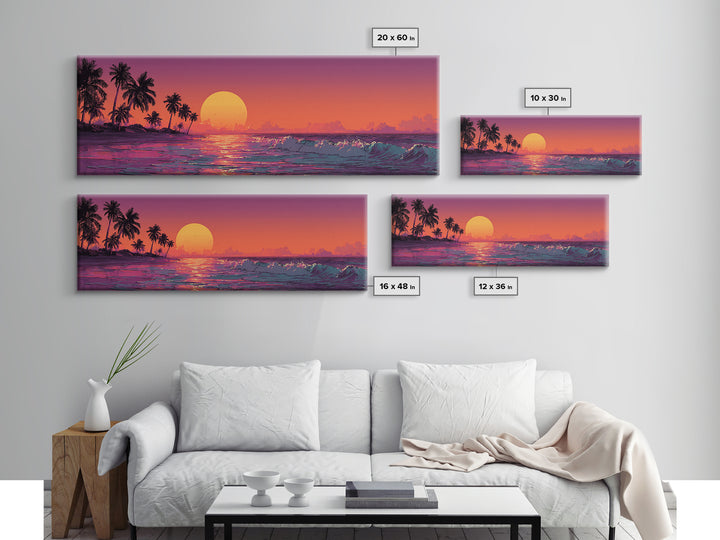 Tropical Orange Sunset Over Ocean Canvas Print, Palm Tree Beach Wall Decor, Coastal Seascape Art For Living Room, Home Decor