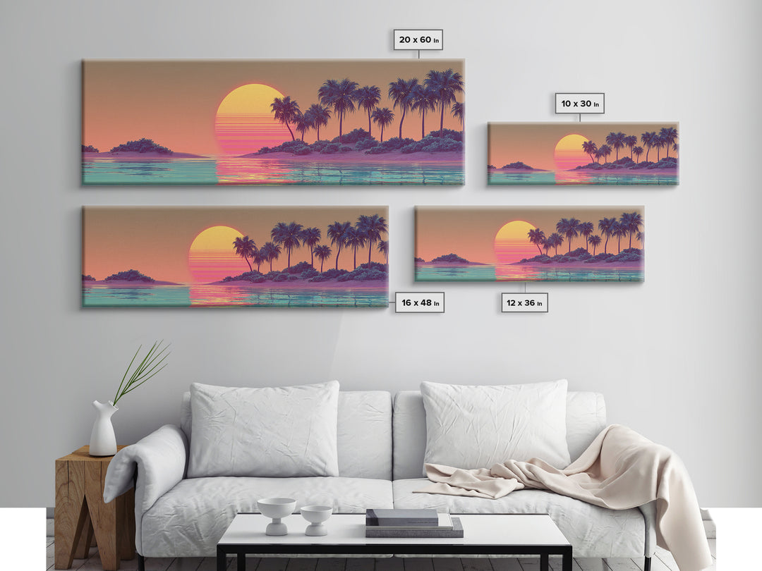 Tropical Palm Island Sunset Canvas Print, Retro Coastal Wall Art, Beach House Decor, Vaporwave Summer Landscape Art Print