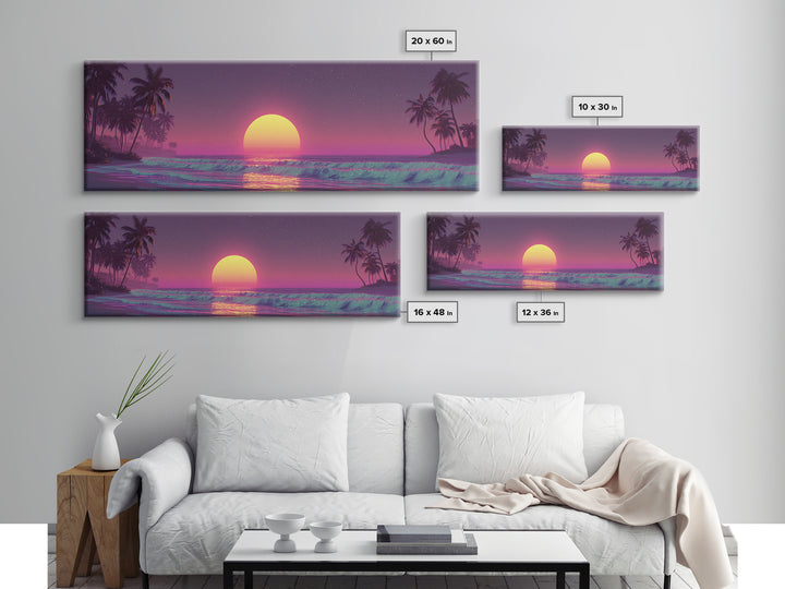 Dreamy Tropical Moonrise Over Ocean Canvas Print, Vaporwave Beach Wall Art, Palm Tree Decor, Coastal Bedroom, Sunset Print