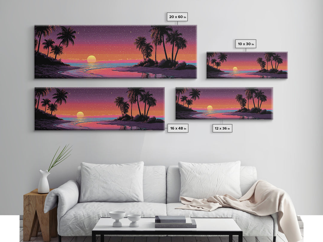 Tropical Pixel Sunset Beach With Palms, Retro Vaporwave Canvas Print, Coastal Wall Art, Beach House Decor, Gift For Her Print