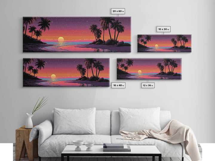 Tropical Pixel Sunset Beach With Palms, Retro Vaporwave Canvas Print, Coastal Wall Art, Beach House Decor, Gift For Her Print