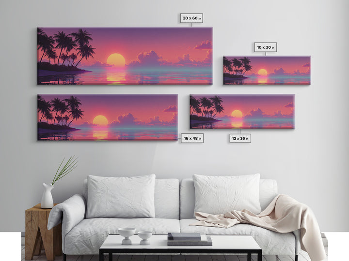 Pastel Island Sunset Over Calm Ocean Canvas Print, Tropical Palm Beach Wall Art, Coastal Home Decor, Pink Seascape Print