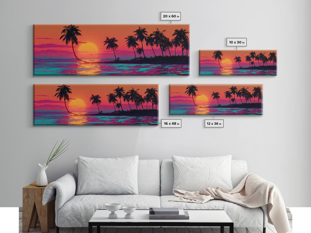 Palm Island Sunset With Neon Ocean, Tropical Wall Art, Coastal Canvas Print, Beach House Decor, Colorful Living Room Art